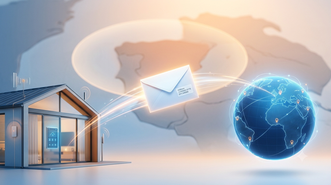Une enveloppe portant une étiquette d'adresse en chiffres voyage entre une maison et un globe Internet