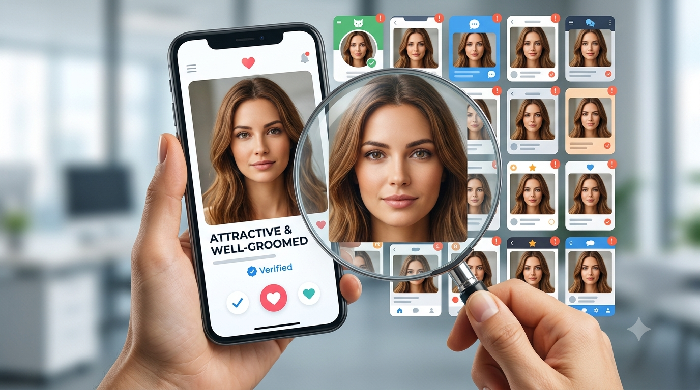 Une photo de profil de rencontre dont la recherche d'image inversée révèle qu'elle est réutilisée sur plusieurs autres faux profils