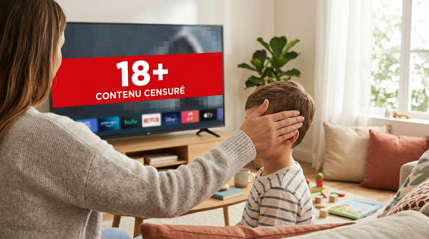 Un parent pose la main sur les yeux de son enfant pour le protéger d'un contenu inapproprié affiché à l'écran