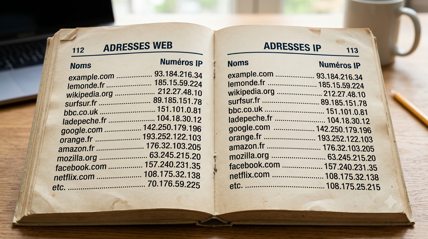 Un annuaire téléphonique listant des adresses de sites web en face de leurs adresses IP