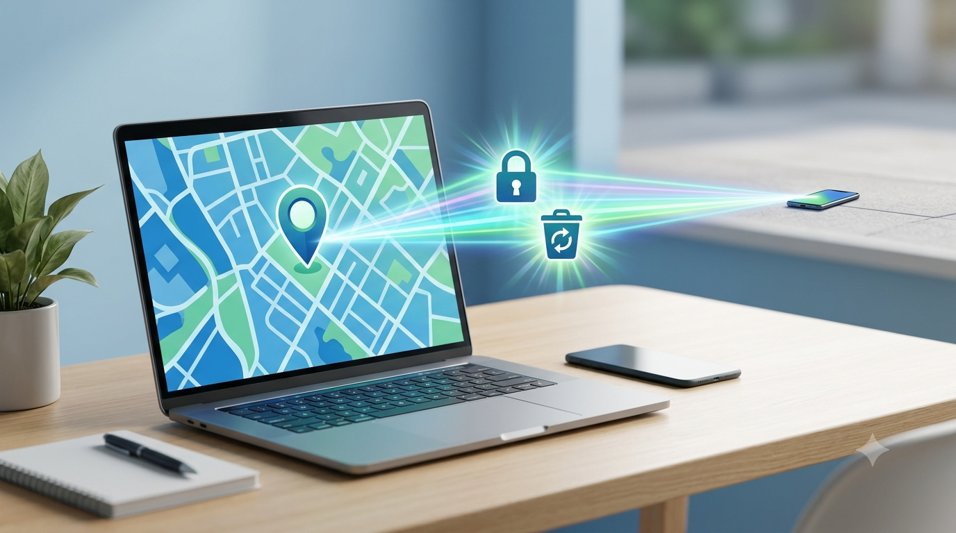 Un ordinateur portable affiche une carte localisant un smartphone perdu, avec un verrouillage à distance en cours