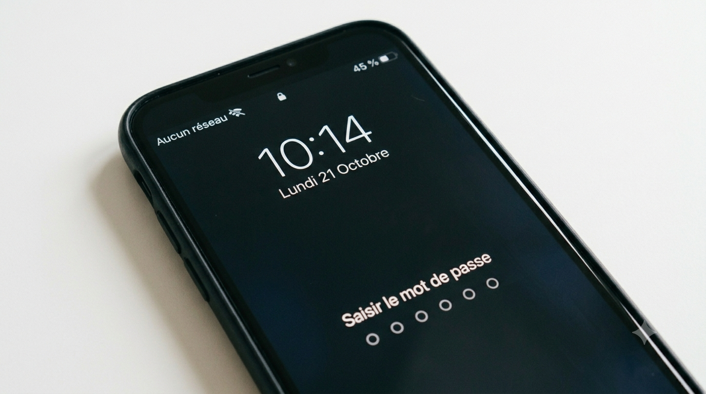 Une main tient un smartphone dont l'écran affiche « Aucun réseau »