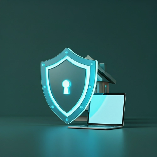 Illustration sympa et moderne 3D représentant un bouclier protégeant la maison et les appareils connectés